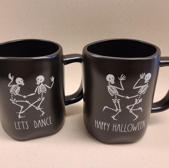 Set Of 2 Rae Dunn Magenta Skeleton Black Mugs‎ “Let’s Dance”“Happy Halloween”
